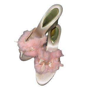 Vintage Rabbit Fur Bunny Pastel Baby Pink Gold Heels Playboy Sexy 7 8 Bows OOAK